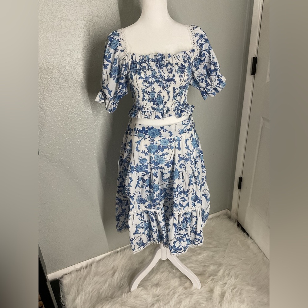 Blue and White Floral Off-Shoulder Dress